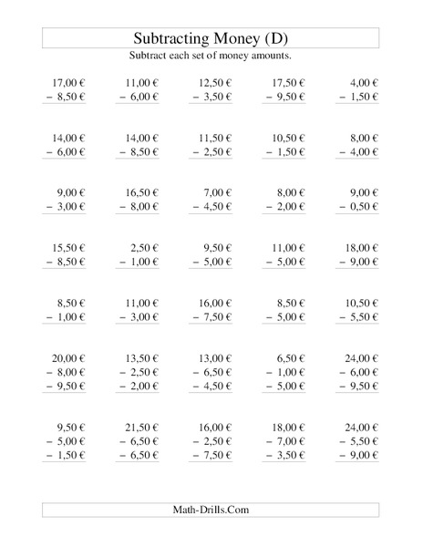 Money Subtraction (D) Worksheet