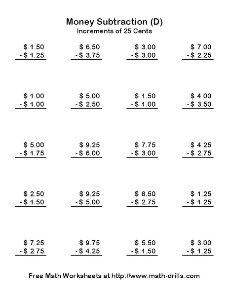 Money Subtraction (D) Worksheet