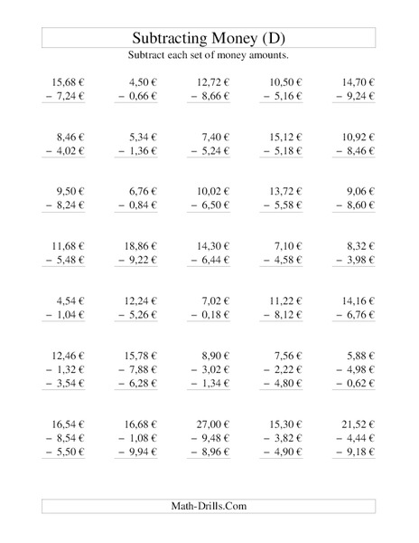 Money Subtraction (D) Lesson Plan