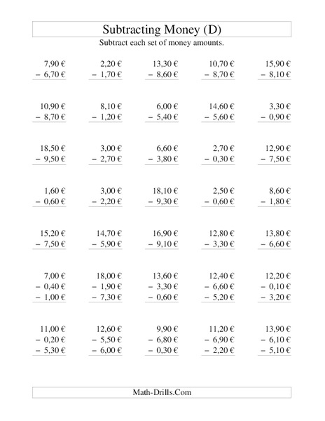 Money Subtraction (D) Lesson Plan