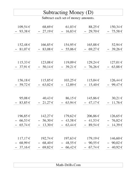 Money Subtraction (D) Worksheet
