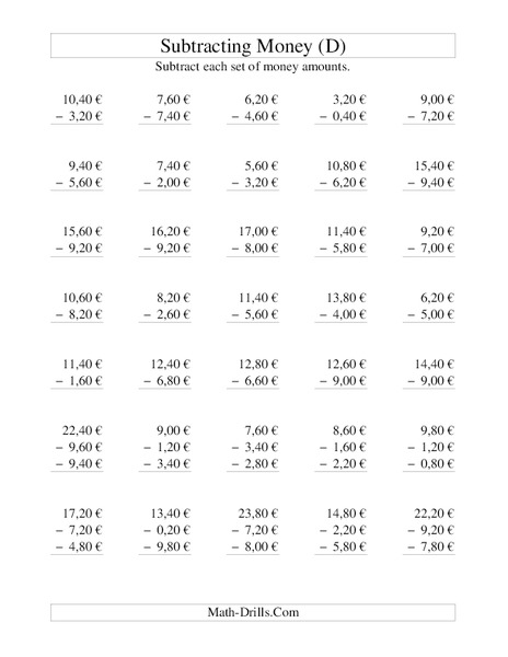 Money Subtraction (D) Worksheet
