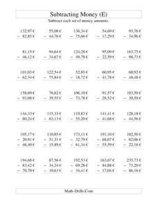 Money Subtraction (E) Worksheet