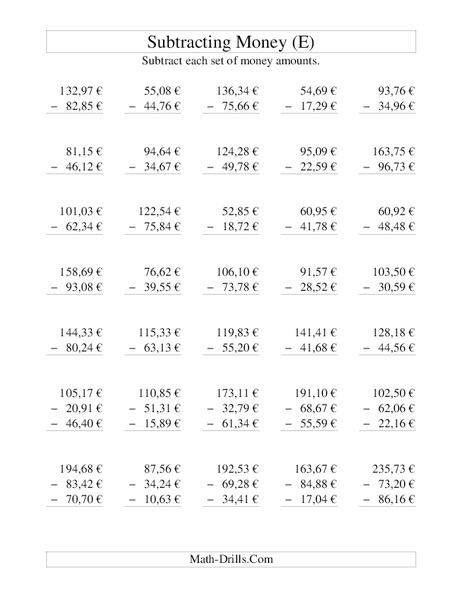 Money Subtraction (E) Worksheet