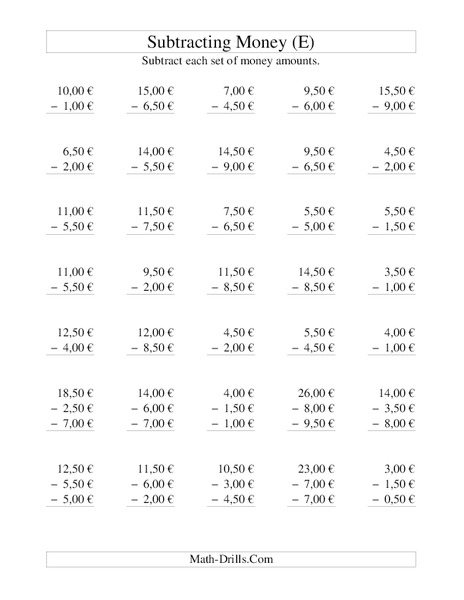 Money Subtraction (E) Worksheet