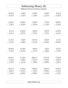 Money Subtraction (E) Worksheet