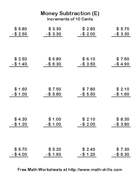 Money Subtraction (E) Worksheet