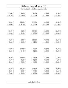 Money Subtraction (E) Worksheet
