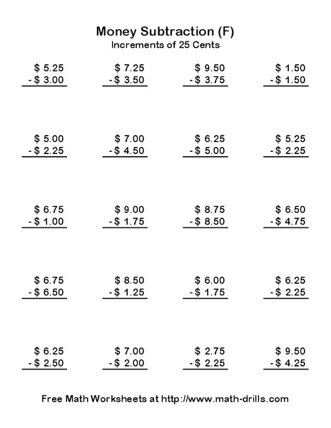 Money Subtraction (F) Worksheet