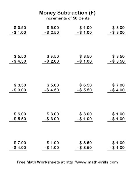 Money Subtraction (F) Worksheet