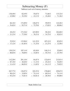 Money Subtraction (F) Worksheet