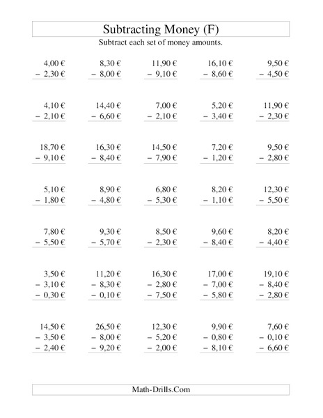 Money Subtraction (F) Worksheet