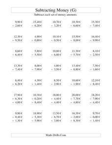 Money Subtraction (G) Worksheet