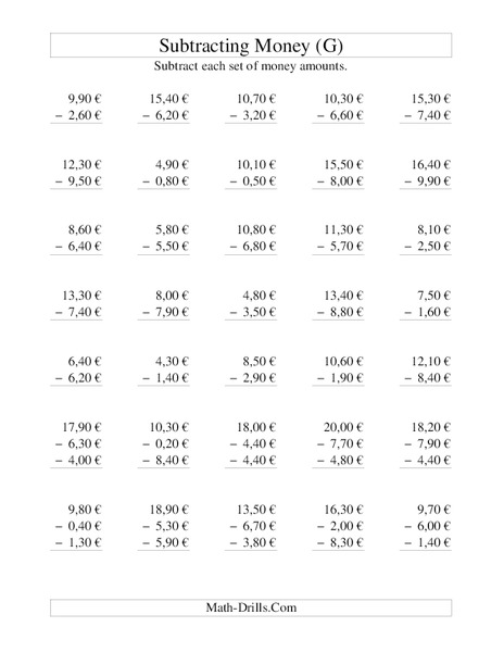 Money Subtraction (G) Worksheet