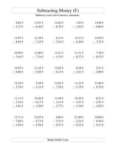 Money Subtraction (F) Worksheet