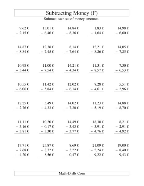 Money Subtraction (F) Worksheet