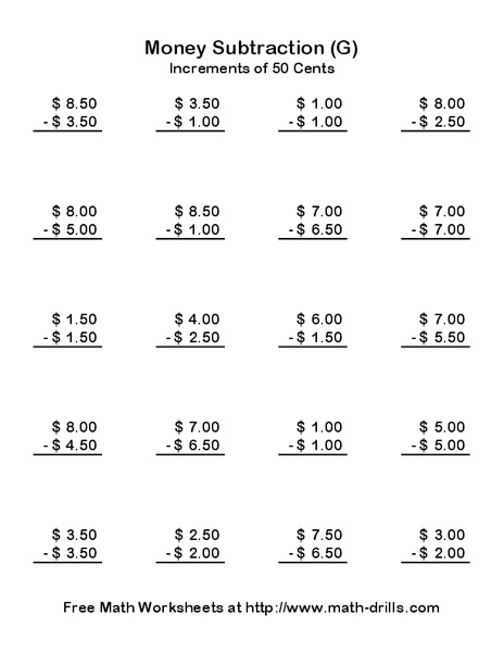 Money Subtraction (G) Worksheet