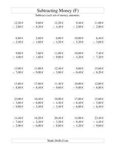 Money Subtraction (F) Worksheet