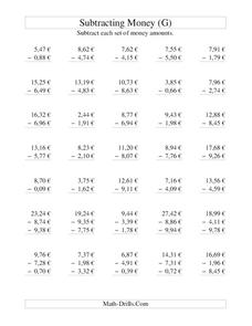 Money Subtraction (G) Worksheet
