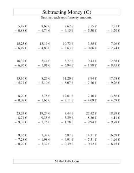Money Subtraction (G) Worksheet