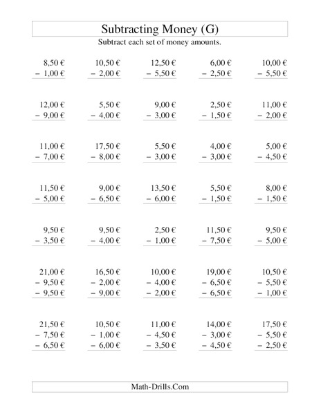 Money Subtraction (G) Worksheet