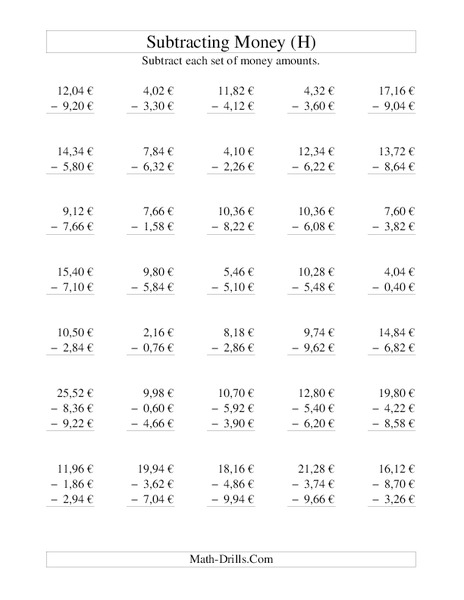 Money Subtraction (H) Lesson Plan