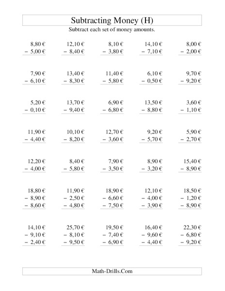 Money Subtraction (H) Worksheet