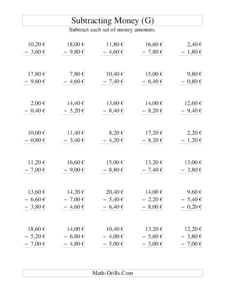 Money Subtraction (G) Worksheet