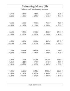 Money Subtraction (H) Worksheet