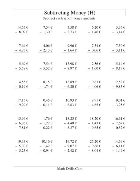 Money Subtraction (H) Worksheet