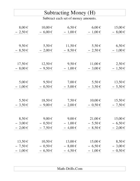 Money Subtraction (H) Worksheet