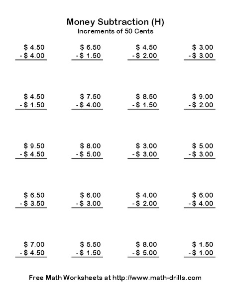 Money Subtraction (H) Worksheet