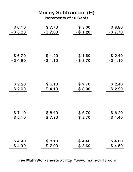 Money Subtraction (H) Worksheet