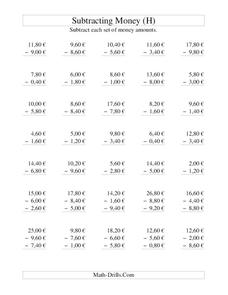 Money Subtraction (H) Worksheet