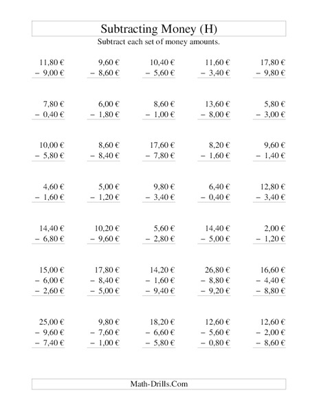 Money Subtraction (H) Worksheet