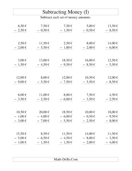 Money Subtraction (I) Worksheet