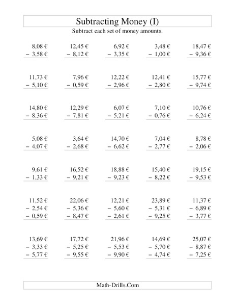 Money Subtraction (I) Worksheet