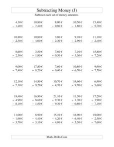 Money Subtraction (J) Worksheet