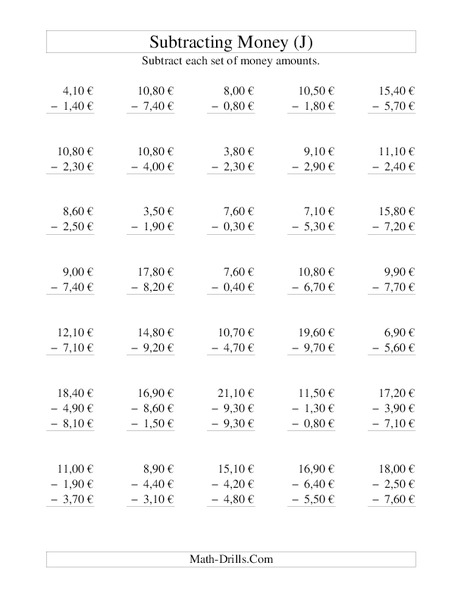 Money Subtraction (J) Worksheet