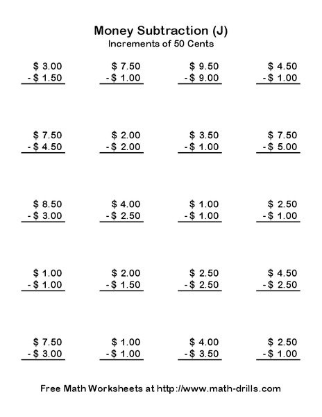 Money Subtraction (J) Worksheet