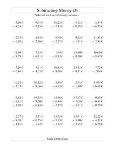 Money Subtraction (J) Worksheet