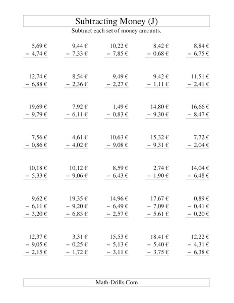 Money Subtraction (J) Worksheet