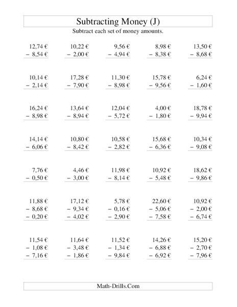 Money Subtraction (J) Worksheet