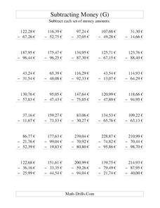 Money Subtraction [G] Worksheet