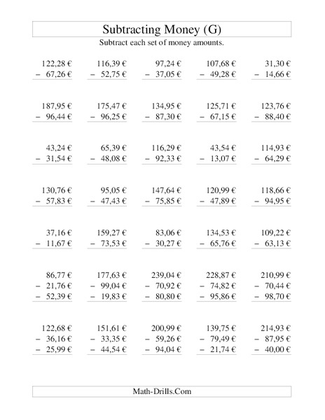 Money Subtraction [G] Worksheet