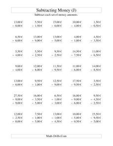 Money Subtraction (J) Worksheet