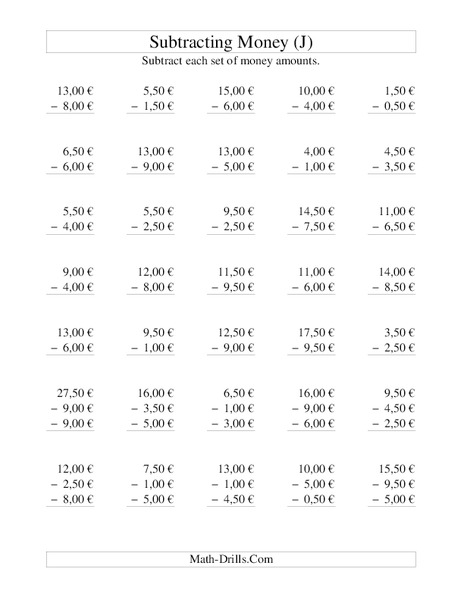 Money Subtraction (J) Worksheet