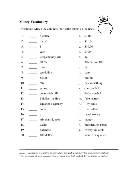 Money Vocabulary Worksheet