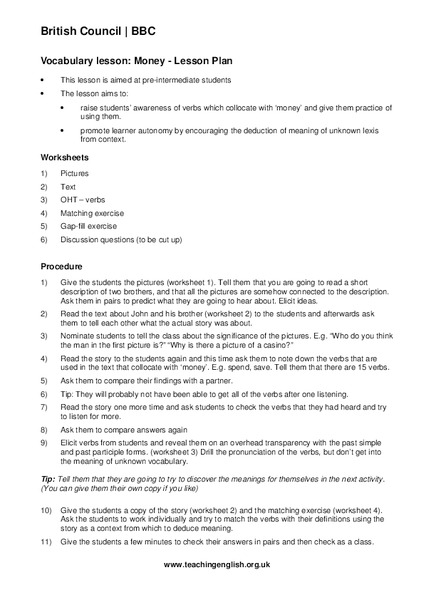 Money Vocabulary Lesson Plan