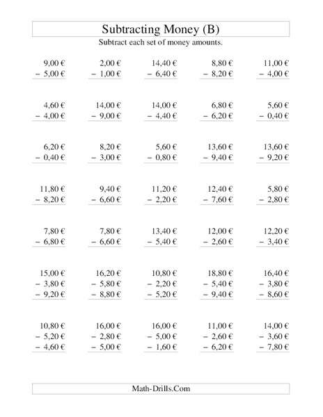 Money Subtraction: 20 Cent Increments - Euros Lesson Plan
